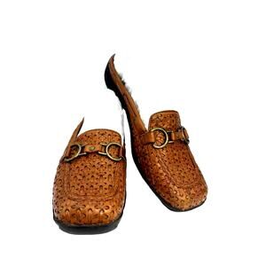 Coldwaterr Creek Mules Women's 9 Brown Slip On Woven Leather Brass Buckle Comfy